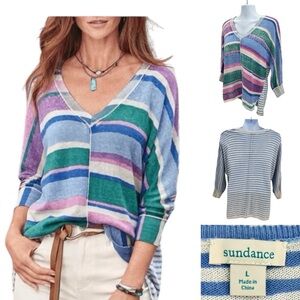 Sundance Johanna Striped V-Neck Indigo Stripe Tunic Sweater Sz. L